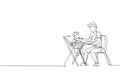 Single continuous line drawing of young dad feeding his son a meal who sit at baby dining chair, happy parenting. Family loving Royalty Free Stock Photo