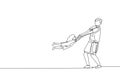 Single continuous line drawing of young dad lifting and turning his daughter around up in the air at home. Happy family parenting