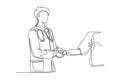 Single continuous line drawing young doctor shaking hand the patient in hospital asking update condition. Healthcare medical check