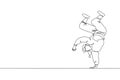 Single continuous line drawing of young energetic hip-hop dancer man on hoodie practice break dancing in street. Urban generation Royalty Free Stock Photo