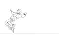 Single continuous line drawing of young energetic hip-hop dancer man on hoodie practice break dancing on street. Urban generation