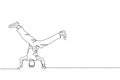 Single continuous line drawing of young energetic hip-hop dancer man practice head stand break dancing in street. Urban generation