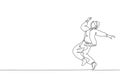 Single continuous line drawing of young energetic hip-hop dancer woman on hoodie practice break dancing in street. Urban