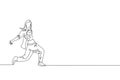 Single continuous line drawing of young energetic hip-hop dancer woman on jacket practice break dancing in street. Urban Royalty Free Stock Photo