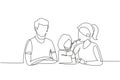 Single continuous line drawing young family having fun together in modern restaurant. Daughter feeds her mother with love. Happy Royalty Free Stock Photo