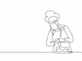 Single continuous line drawing young female chef decorating birthday pastry cake with whipping cream on restaurant kitchen. Bakery