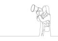 Single continuous line drawing of young female doctor announced important information to the patient using loudspeaker megaphone