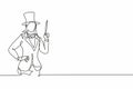 Single continuous line drawing of young female magician holding magic wand with hands on hip. Professional work job occupation. Royalty Free Stock Photo