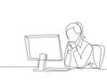 Single continuous line drawing of young female manager sitting calmly in front of laptop and thinking business strategy at the