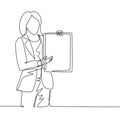 Single continuous line drawing of young female presenter presenting new product launch using tablet while meeting at the office.