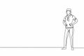 Single continuous line drawing of young female sailor standing and holding hands on hip. Professional work job occupation.