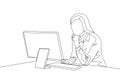 Single continuous line drawing of young female startup founder siting in front of computer thinking sales strategy to her company