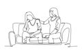 Single continuous line drawing of young female worker hug and cheering her sad and despair office friend on sofa. Work partner