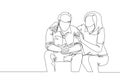 Single continuous line drawing of young female worker hugging and cheering her sad and despair office friend. Work partner support