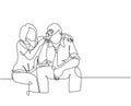 Single continuous line drawing of young female worker hugging and cheering her sad and despair office friend. Work partner support