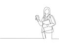 Single continuous line drawing of young female worker walking to go to the office while holding a glass of coffee and folder Royalty Free Stock Photo