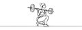 Single continuous line drawing of a young girl with a barbell in the gym.