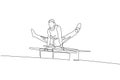 Single continuous line drawing young handsome professional gymnast man perform acrobatic motion. Parallel bars training and