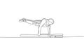 Single continuous line drawing young handsome professional gymnast man perform acrobatic motion. Parallel bars training and