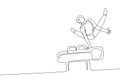 Single continuous line drawing young handsome professional gymnast man perform acrobatic motion. Pommel horse training and