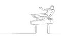 Single continuous line drawing young handsome professional gymnast man perform acrobatic motion. Pommel horse training and