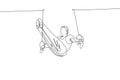 Single continuous line drawing young handsome professional gymnast man perform acrobatic motion. Steady rings training and