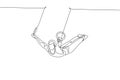 Single continuous line drawing young handsome professional gymnast man perform acrobatic motion. Steady rings training and