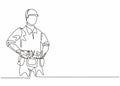 Single continuous line drawing of young handyman bringing equipment tools on his waist. Professional work job occupation.
