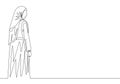 Single continuous line drawing of young happy beautiful muslim girl with headscarf from back view. Pretty malay women model in