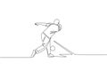 Single continuous line drawing of young happy bowling player man throw bowling ball to hit pins. Doing sport hobby at leisure time