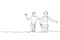 Single continuous line drawing of young happy boy and girl, brother and sister playing at beach together. Summer holidays and