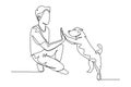 Single continuous line drawing of young happy boy giving high five gesture to his puppy dog at outfield park. Pet care and