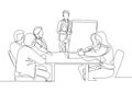 Single continuous line drawing of young happy business instructor teaching interpersonal skill to the attendees