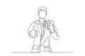 Single continuous line drawing young happy business man holding money paper stack and gives thumbs up gesture pose. Business Royalty Free Stock Photo