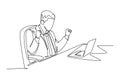 Single continuous line drawing of young happy business man sitting in front of laptop and celebrate his business deal. Business