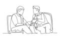 Single continuous line drawing of young happy business men discussing about new project deal with colleague during meeting. Royalty Free Stock Photo