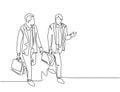 Single continuous line drawing of young happy business men talking to his colleagues when walking approaching the office. Business Royalty Free Stock Photo