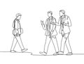 Single continuous line drawing of young happy business men talking to his colleagues when walking approaching the office. Business Royalty Free Stock Photo