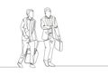 Single continuous line drawing of young happy business men talking to his colleagues when walking approaching the office Royalty Free Stock Photo