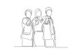 Single continuous line drawing of young happy businessmen and businesswoman stand up and giving thumbs up gesture together.