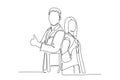 Single continuous line drawing young happy couple male and female doctor standing together and giving thumbs up gesture. Medical