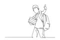 Single continuous line drawing young happy elementary school boy student carrying stack of books and giving thumbs up gesture.