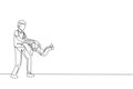 Single continuous line drawing of young happy father playing with daughter at home, lifting and swinging, parenthood time. Family