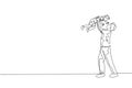 Single continuous line drawing young happy father raising his son up in the air playing together at home, fun fatherhood. Happy