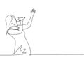 Single continuous line drawing of young happy female singer holding a microphone and singing on music concert. Musician artist