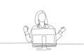 Single continuous line drawing of young happy female worker celebrating her promotion on work desk in front of computer monitor.