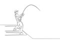 Single Continuous Line Drawing Of Young Happy Fisher Man Fly Fishing Big Bass Fish In Dock Pier. Fishing Hobby Holiday Concept.