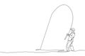 Single continuous line drawing of young happy fisher man fly fishing trout fish on open water river. Fishing hobby holiday concept