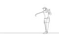 Single continuous line drawing of young happy golf player swing the golf club to hit the ball. Hobby sport concept. Trendy one Royalty Free Stock Photo