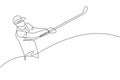 Single continuous line drawing of young happy golf player swing the golf club to hit the ball. Hobby sport concept. Trendy one Royalty Free Stock Photo